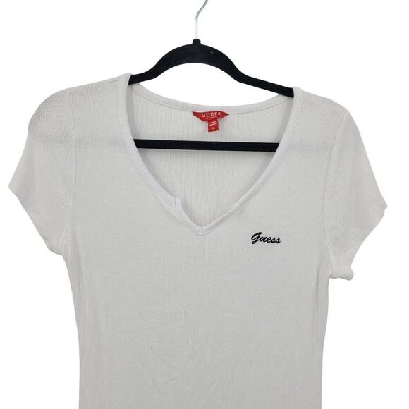 Y2K Guess White Ribbed Womens Short Sleeve V-neck Top Sz M Black Logo Stretch - Picture 10 of 14